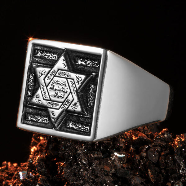 925 Sterling Silver Men's Square Design Seal of Solomon Ring Silver Color