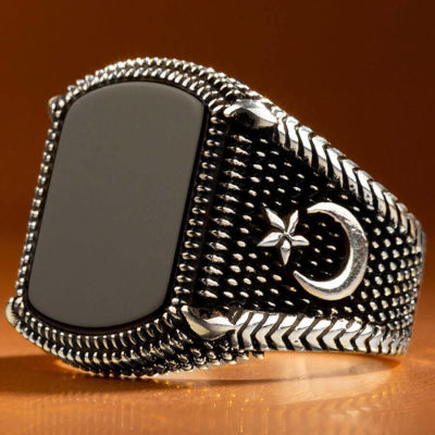 Crescent and Star Ornamented 925 Sterling Silver Mens Ring with Onyx Stone