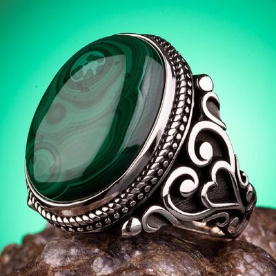 925 Sterling Silver Mens Ring with Malachite Stone