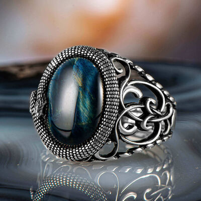 Furious Snake Pattern Blue Tiger Eye Stone Sterling Silver Men's Ring