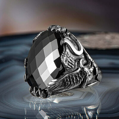 Silver Mens Ring with Zircon Stone and Eagle Design