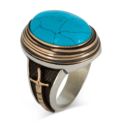 Barbaros Model Sword Motif 925 Sterling Silver Mens Ring Turquoise Stone Ring