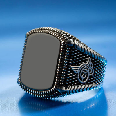 925 Sterling Silver Ottoman Tughra Mens Ring with Black Onyx Stone