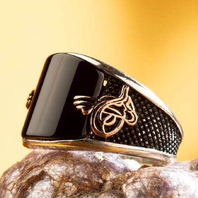 Convex Black Onyx Stone Modern Silver Mens Ring with Tughra