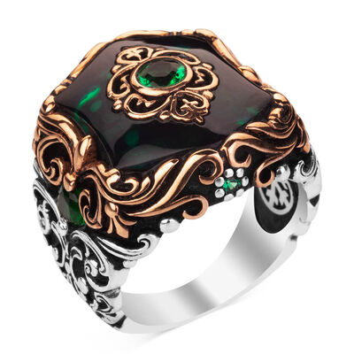 Fashionable Design Zircon Green Stone Silver Men's Ring