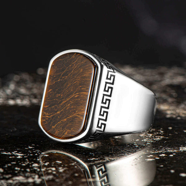 925 Silver Plain Model Brown Tiger Eye Gemstone Ring