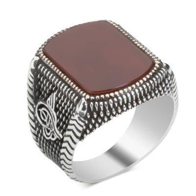 Silver Ottoman Tughra Mens Ring with Agate Stone