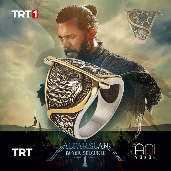 Alparslan Seljuk Falcon Pattern Starry Silver Mens Ring