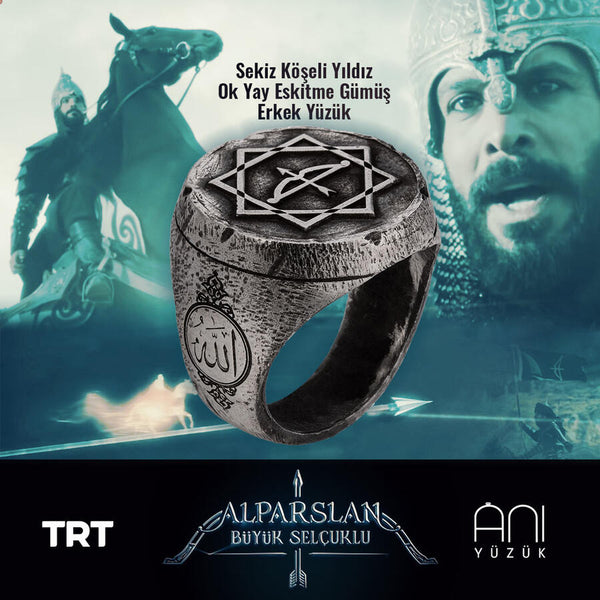 Alparslan Seljuk Octagonal Star Arrow Bow Silver Men's Ring