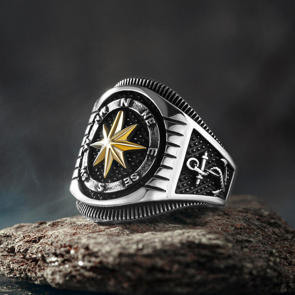 Anchor and Rudder Compass Pattern Men's Sterling Silver Ring