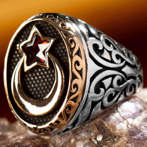 Silver Crescent Star Mens Ring with Red Stone