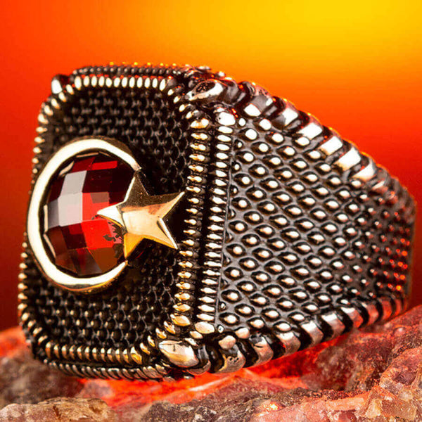 Silver Crescent Star Mens Ring with Zircon Stone