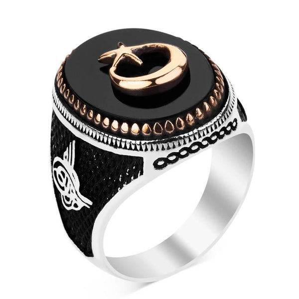 Silver Crescent Star Mens Ring with Black Onyx Stonework
