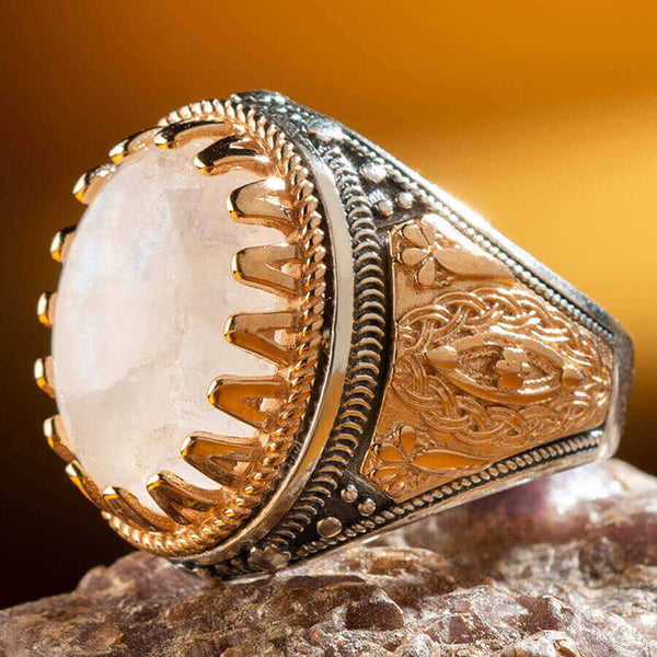 Symmetrical Design Sterling Silver Mens Ring with White Agate Stone