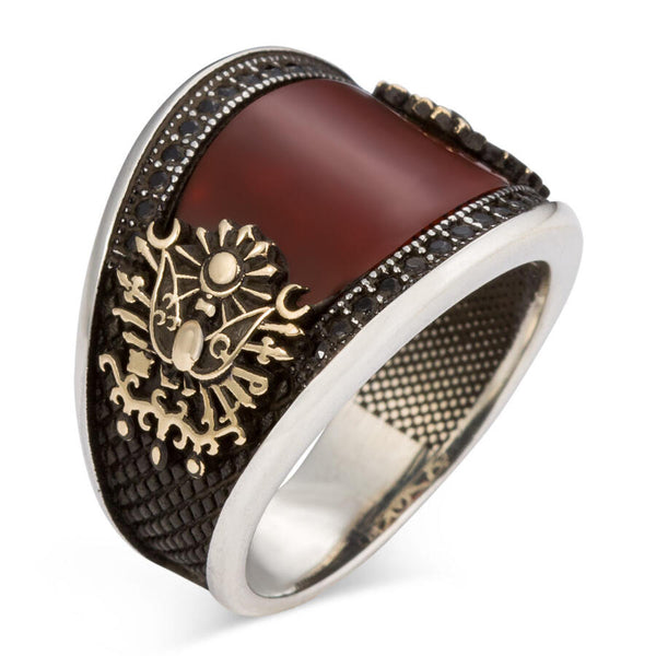 Convex Mini Stone Decorated Dark Claret Red Agate Ottoman Arma Sterling Silver Mens Ring