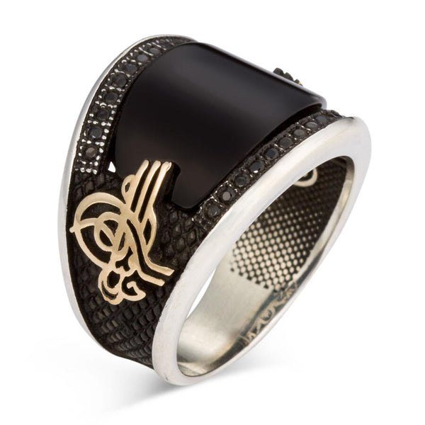 Curved Mini Stone Decorated Black Onyx Ottoman Tugra Sterling Silver Mens Ring