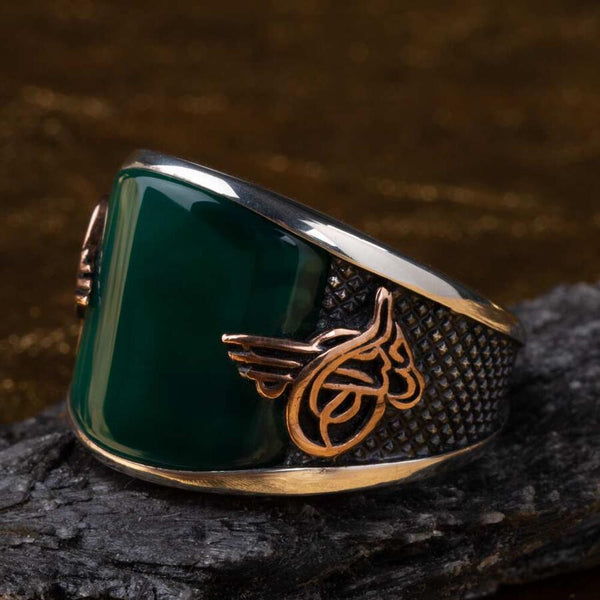 Convex Green Agate Stone Modern Silver Mens Ring with Tughra