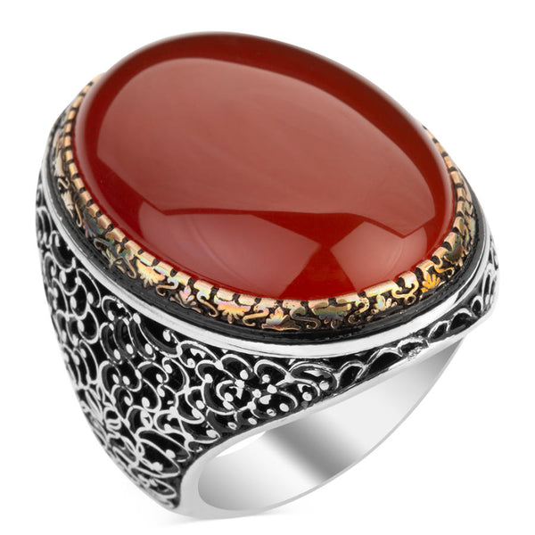 Large Silver Mens Ring with Burgundy Agate Stone