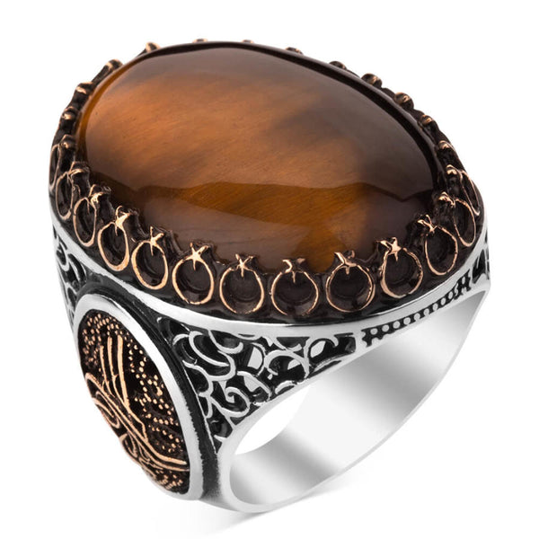 Large Silver Tughra Mens Ring with Tigereye Stone