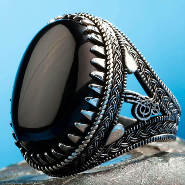 Silver Ottoman Tughra Mens Ring with Large Onyx Stone