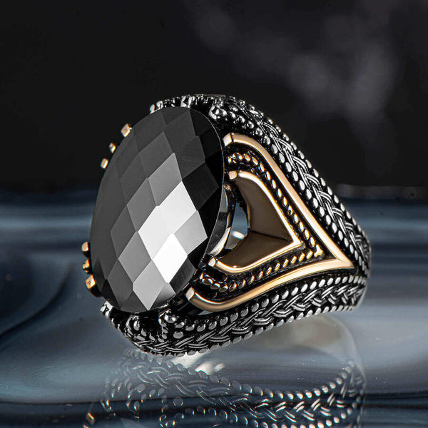 Dark Power Faceted Black Zircon Stone Silver Men's Ring