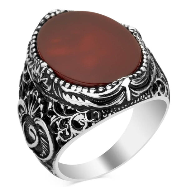 Silver Arabic Letter V Mens Ring with Plain Burgundy Agate Stone
