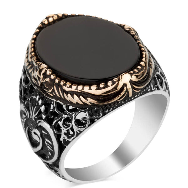 Silver Letter V Mens Ring with Plain Black Onyx Stone
