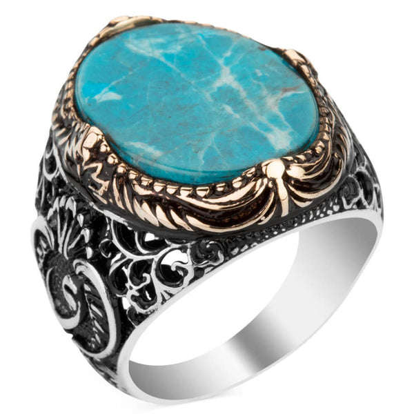 Plain Silver Letter V Mens Ring with Turquoise Chalchuite Stone