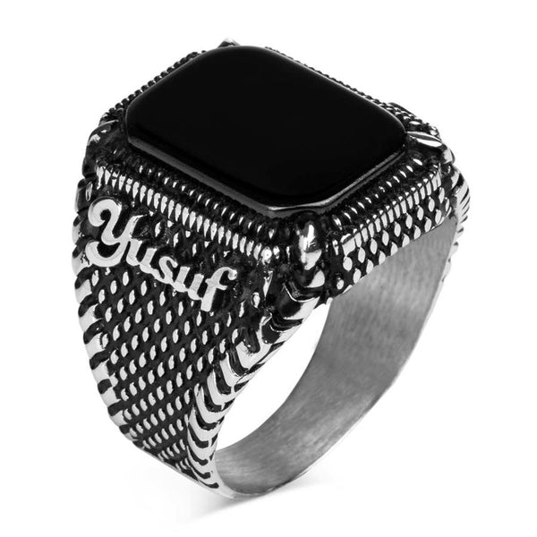 Personalised Black Onyx Stone Silver Mens Ring