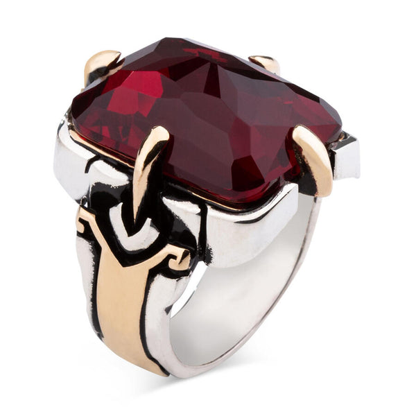 Shield Design Red Zircon Stone Facet Cut Sterling Silver Men's Ring
