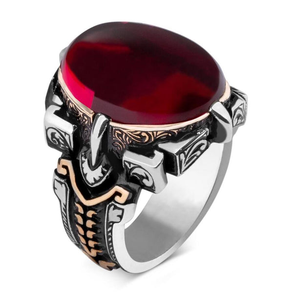 Shield Design Oval Red Zircon Stone Sterling Silver Men's Ring