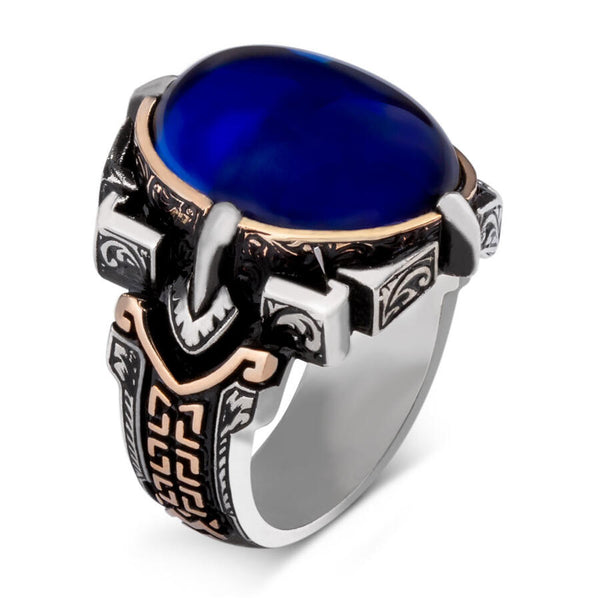 Shield Design Oval Blue Zircon Stone Sterling Silver Men's Ring