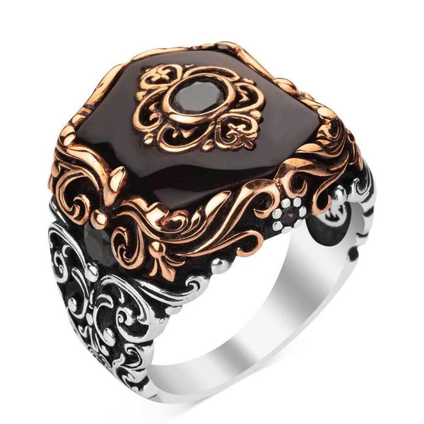 Fashionable Design Black Onyx Stone Silver Men Ring