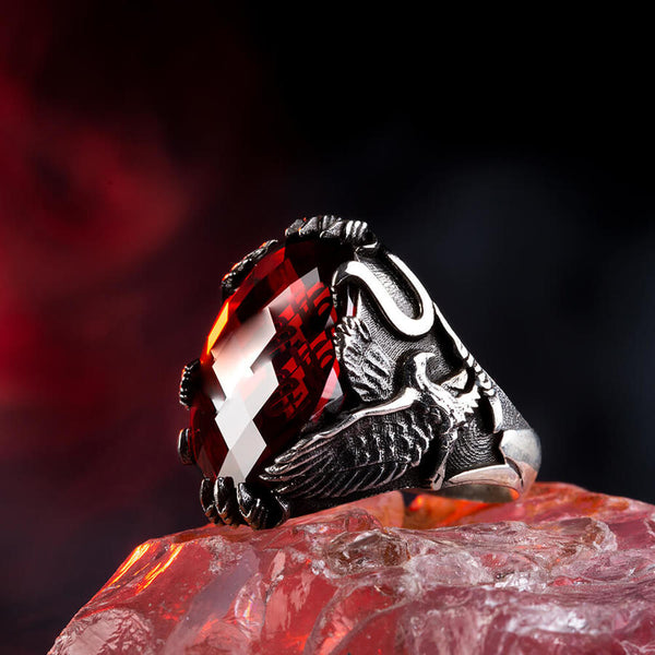 Sterling Silver Mens Eagle Ring with Personalized Red Zircon Stone