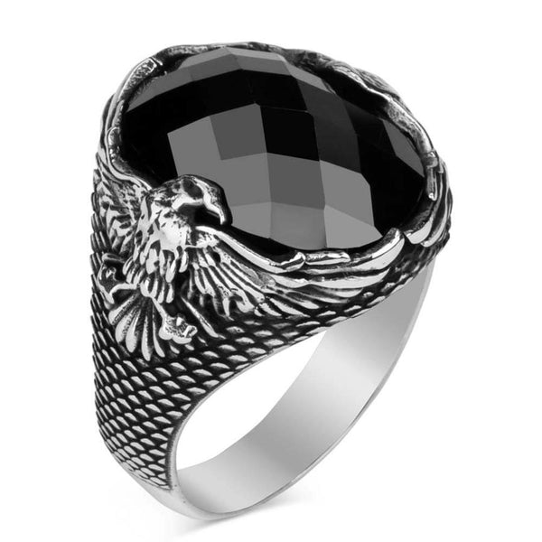 Black Stone Silver Men's Ring with Rising Eagle Figure