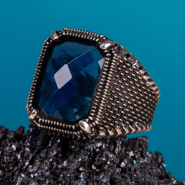 Silver Mens Ring with Blue Zircon Stone
