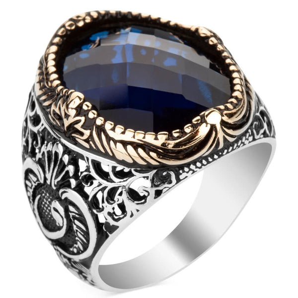 Sterling Silver Arabic Letter E Mens Ring with Blue Zircon Stonework