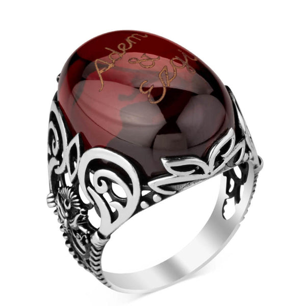 Silver Ottoman Crest Mens Ring with Synthetic Red Stonework