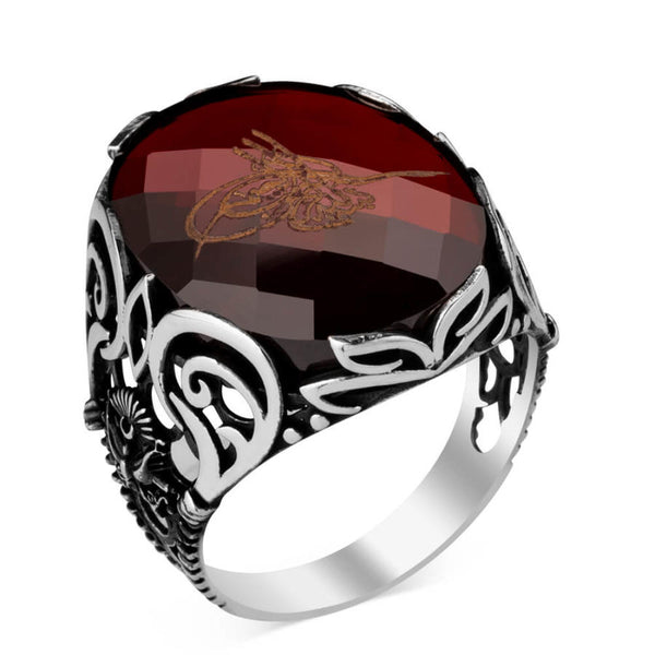 Silver Mens Ottoman Tughra Ring with Red Zircon Stone