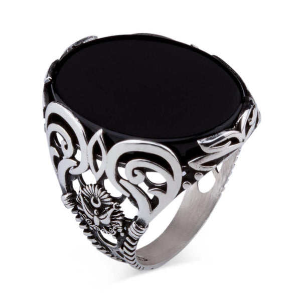 Sterling Silver Ottoman Crest Mens Ring with Onyx Stone