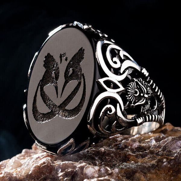 Sterling Silver Hoopoe on Onyx Stone and Ottoman Crest Ring