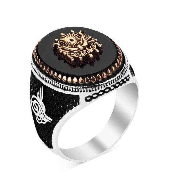 Silver Ottoman Crest Mens Ring with Black Onyx Stonework