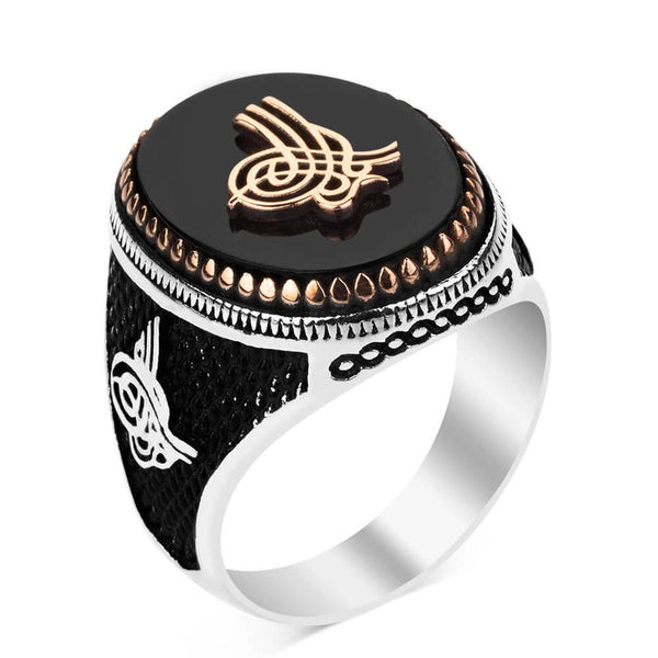 Silver Ottoman Tughra Mens Ring with Black Onyx Stonework