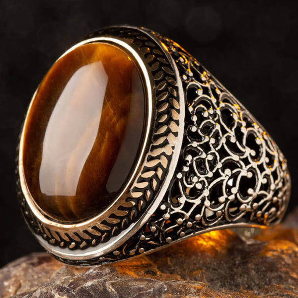 Silver Symmetrical Mens Ring with Brown Oval Tigereye Stone