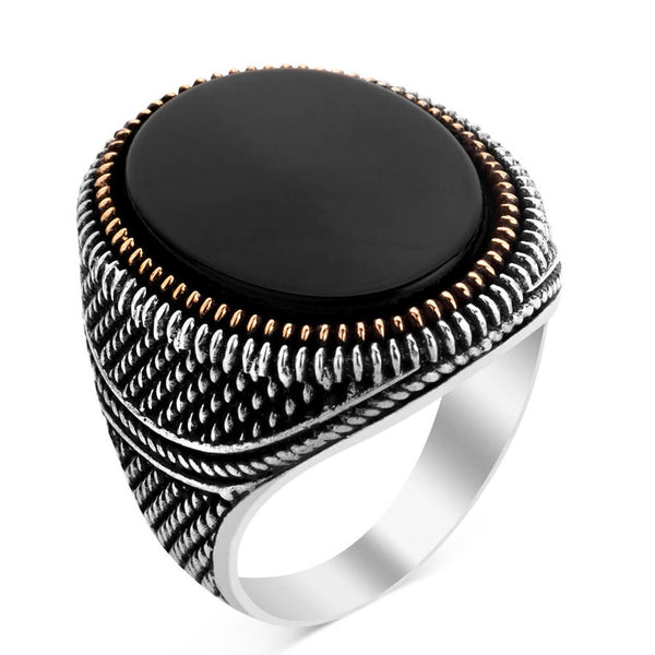 Silver Mens Ring with Oval Black Onyx Stone