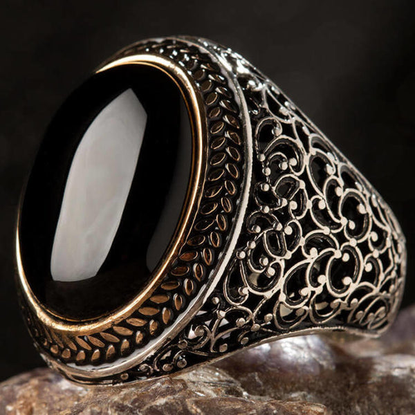 Silver Symmetrical Mens Ring with Oval Black Onyx Stone