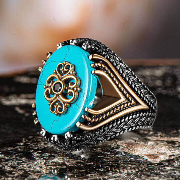 Rococo Pattern Mini Stone Engraving Turquoise Turquoise Stone Silver Men's Ring