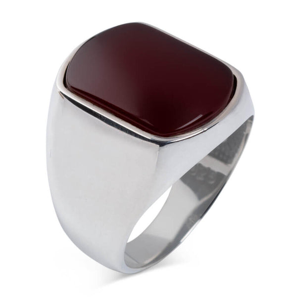 Plain Dark Burgundy Agate Stone Men's 925 Sterling Silver Ring