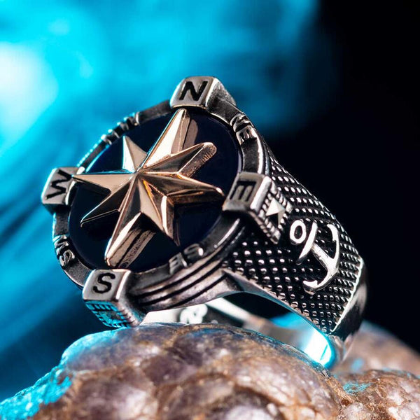 Silver Mens Ring with Anchor and Compass Ornaments