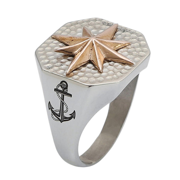 Silver Octagon North Star Compass Model Anchor Motif Mens Ring